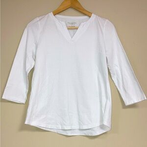 Talbots Shirt Women's Petite White Blouse 100% Cotton V Neck 3/4 Sleeve Classic